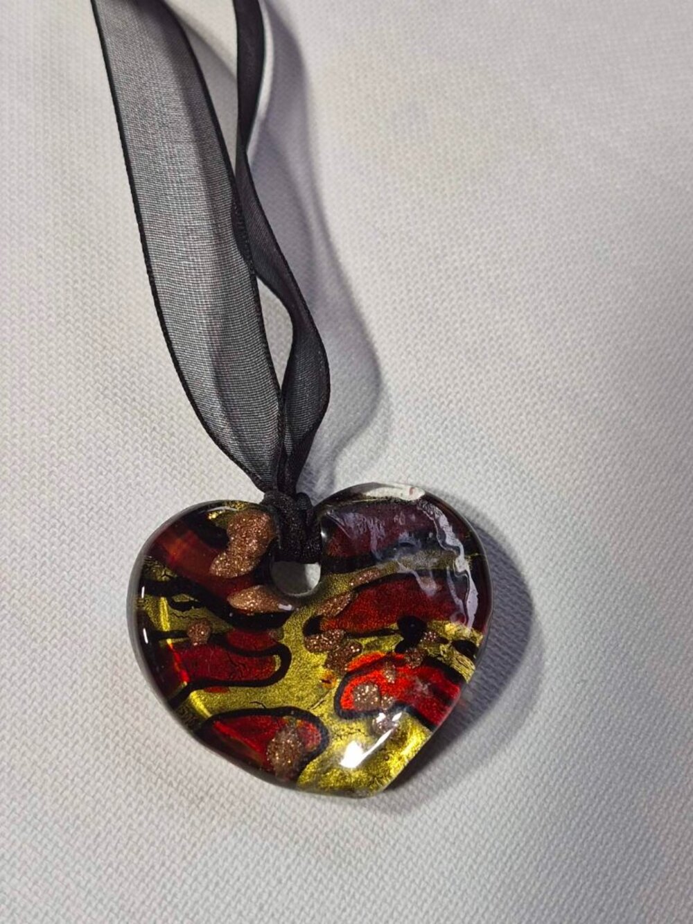 Vintage 925 Silver Murano Glass Heart Pendant Necklace Ribbon Choker